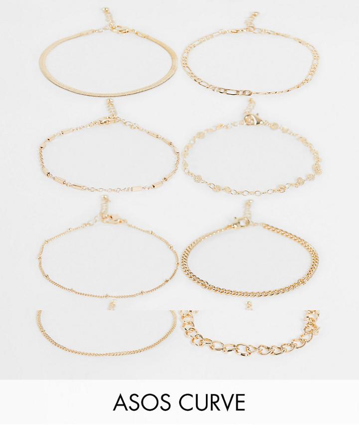 Asos Design Curve Pack Of 8 Chain Bracelets In Gold Tone