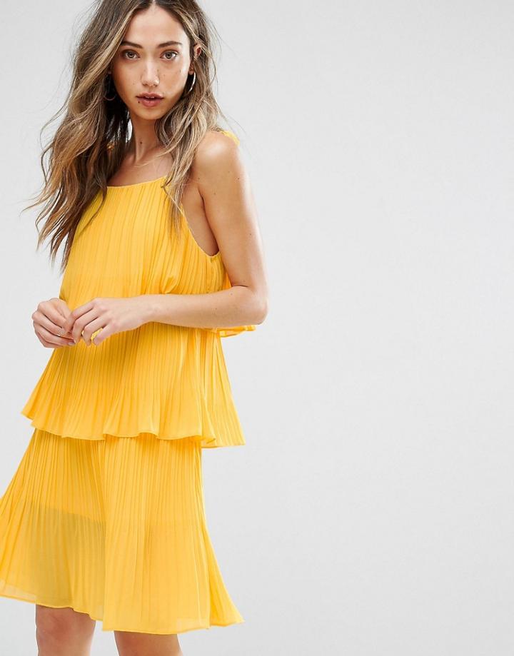 Pearl Pleated Tiered Dress - Yellow