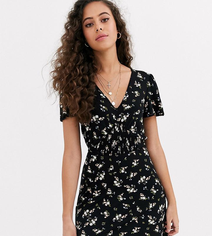 Miss Selfridge Petite Tea Dress With Shirred Detail In Floral-multi