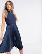 Closet London High Neck Satin Pleated Midi Dress In Navy