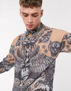 Jaded London Gothic Tattoo Sheer Long Sleeve Shirt In Gray