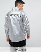 Reclaimed Vintage Inspired Festival Lightweight Jacket In Silver With Player 1 Print - Gray