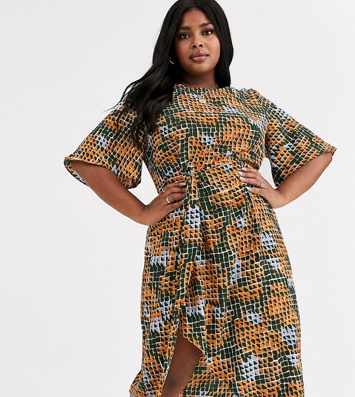Glamorous Curve Midi Dress With Wrap Skirt In Geo Print