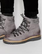 Asos Lace Up Boots In Gray Leather With Chunky Sole - Gray