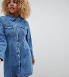 Asos Design Petite Denim Fitted Western Shirt Dress With Seam Detail In Midwash Blue