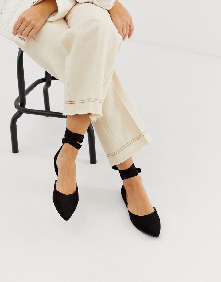 London Rebel Pointed Tie Leg Ballet Flats In Black - Black