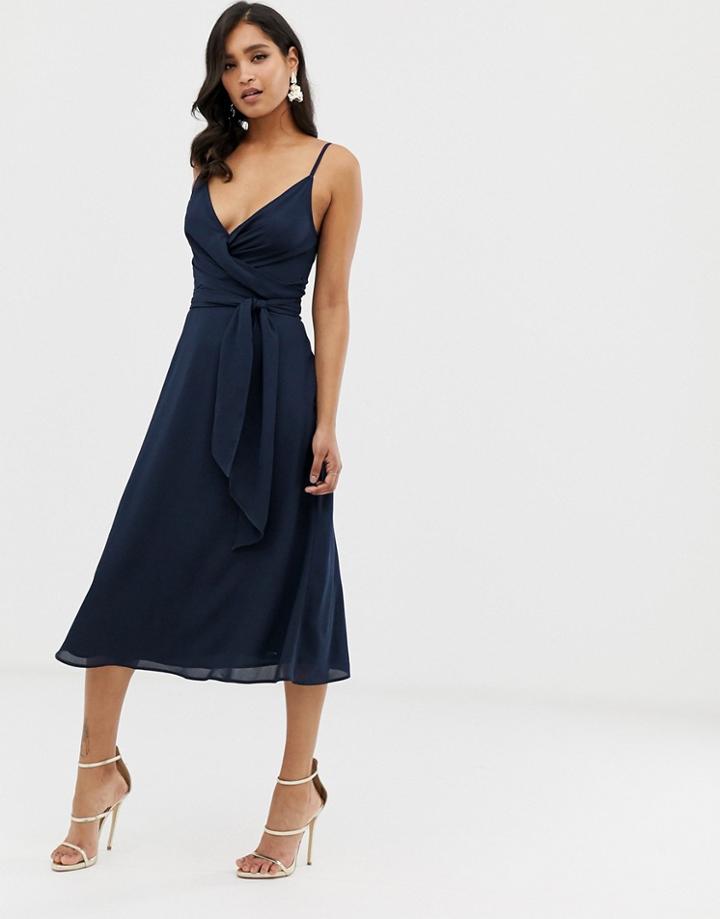 Asos Design Cami Wrap Midi Dress With Tie Waist-navy