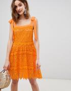 Vero Moda All Over Lace Cami Mini Dress With Tie Straps In Orange