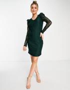 Only Paula Long Sleeve V-neck Lace Jersey Dress In Dark Green