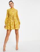 Asos Design High Neck Mini Dress In Burnout In Mustard-yellow