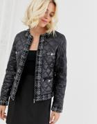Morgan Quilted Jacket With Check Trim And Pocket Detail In Black