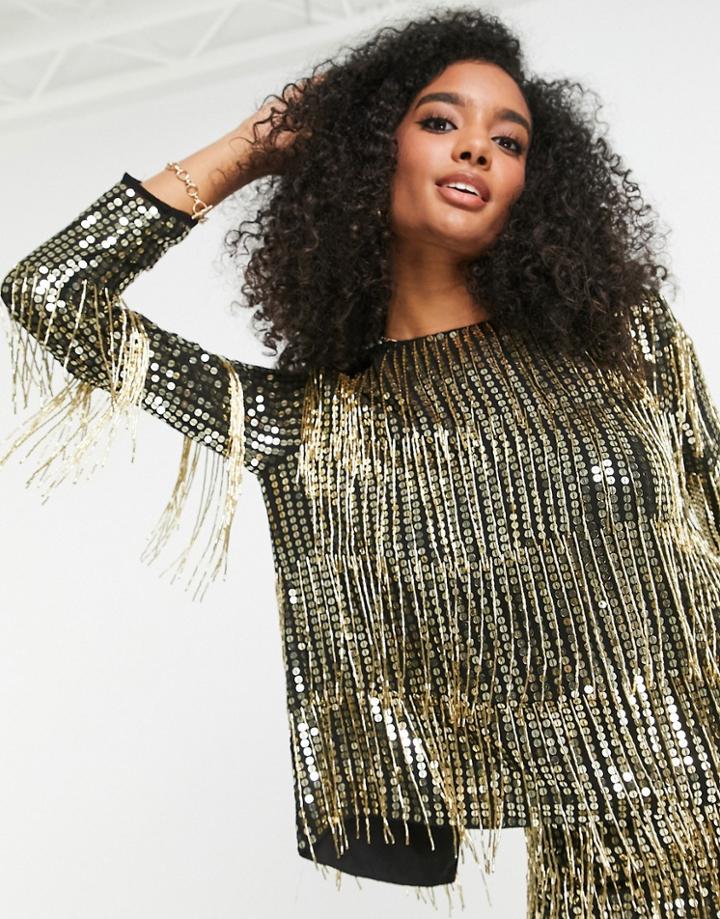 Asos Edition Sequin & Fringe Open Back Top-black