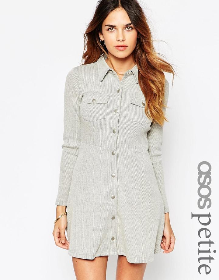 Asos Petite Button Through Dress In Rib Texture - Gray Marl