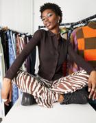 Urban Revivo Knitted Cardigan With Collar In Brown-white