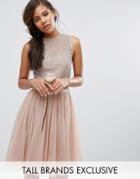 Maya Tall Sleeveless Sequin Top Midi Dress With Tulle Skirt And Bow Ba