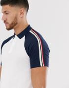 Asos Design Organic Raglan Polo Shirt With Shoulder Taping In White