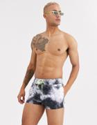 Asos Design Swim Short With Bleach Wash Fabric And Contrast Neon Drawcord Super Short Length-black