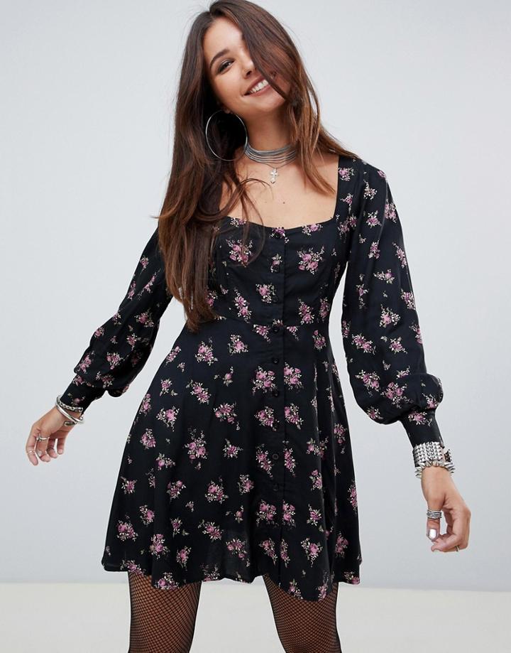 Motel Halloween Long Sleeved Tea Dress In Ditsy Floral - Black