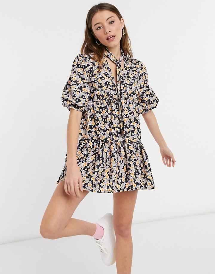 Asos Design Textured Tiered Mini Dress In Purple And Orange Floral Print-multi