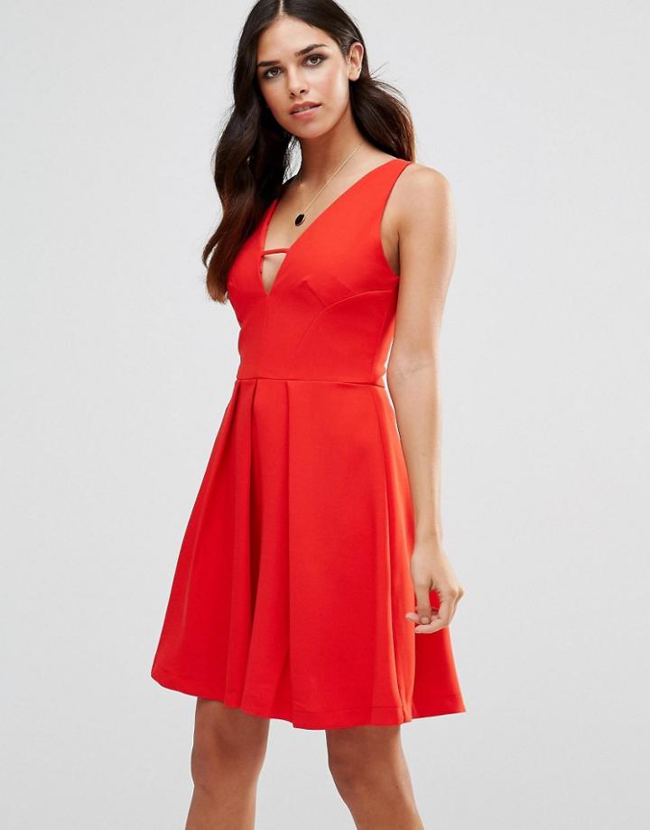 Adelyn Rae Deep V Neck Skater Dress - Red