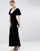 Asos Velvet Flutter Sleeve Fishtail Maxi Dress - Black