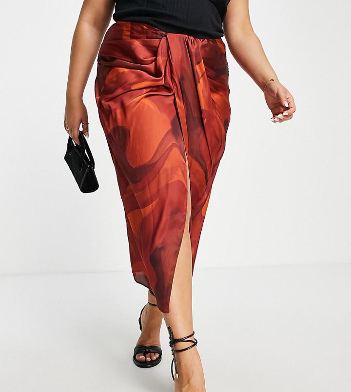 Asos Design Curve Wrap Drape Midi Skirt In Brown Swirl Print - Part Of A Set-multi