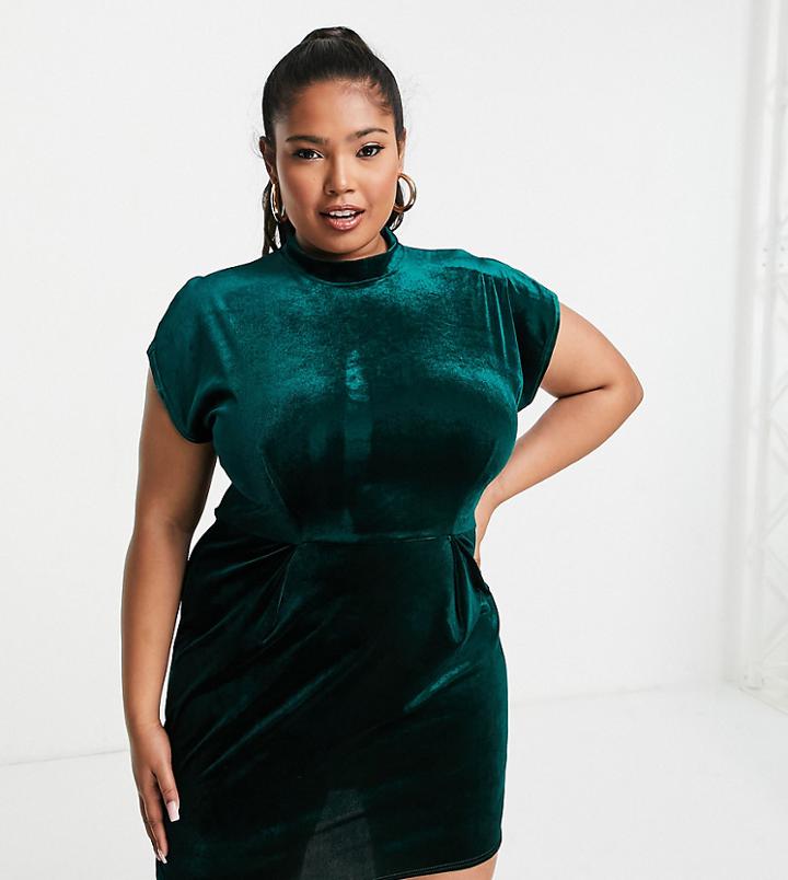 Closet London Plus Tie Waist Velvet Mini Dress In Emerald Green
