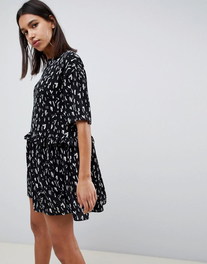Asos Design Mini Smock Dress With Frill Waist In Splodge Print-multi