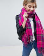 Asos Design Check Scarf With Tassels In Hot Pink - Pink