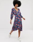 Monki Jungle Dream Print Midi V-neck Dress In Blue - Blue