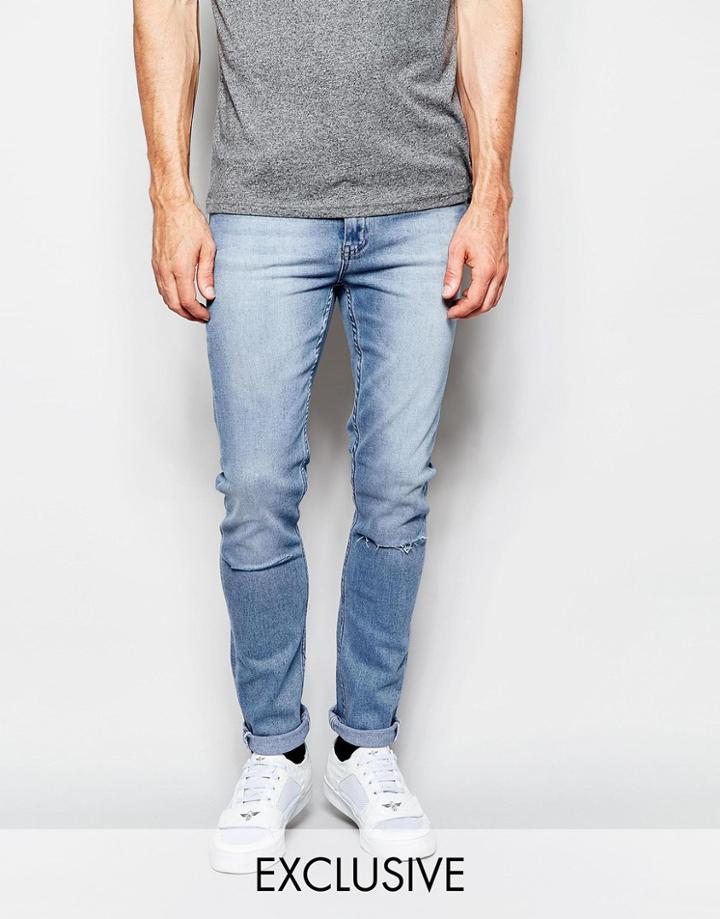 Cheap Monday Exclusive Jeans Tight Skinny Fit Stonewash Blue Ripped Knee - Stonewash Blue
