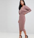 Asos Petite Batwing V-neck Plisse Midi Dress - Pink