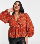 River Island Plus Floral Wrap Blouse In Brown
