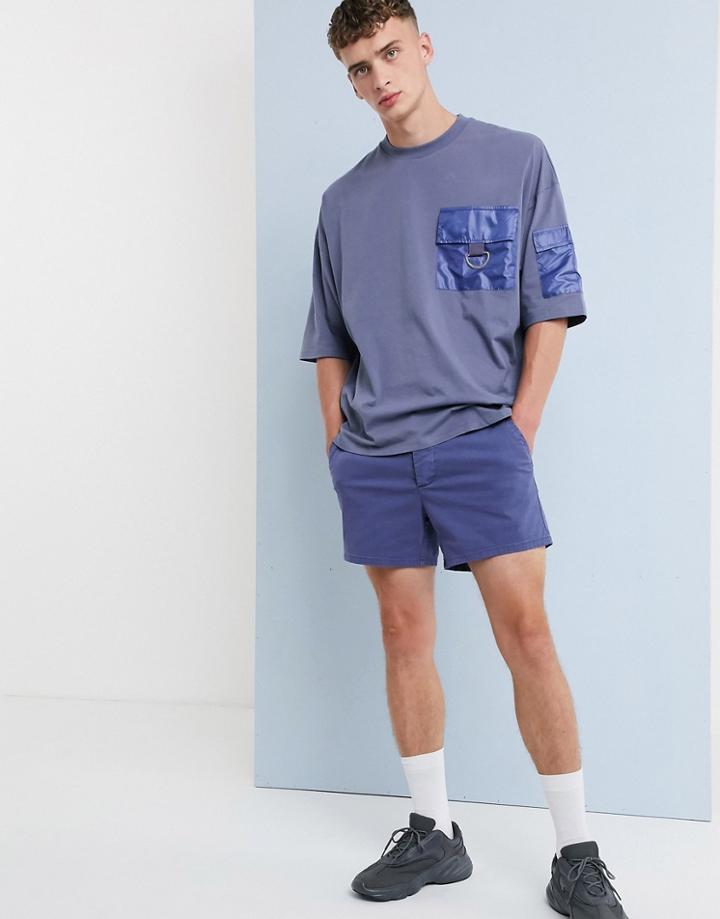 Asos Design Slim Shorter Chino Shorts In Washed Blue