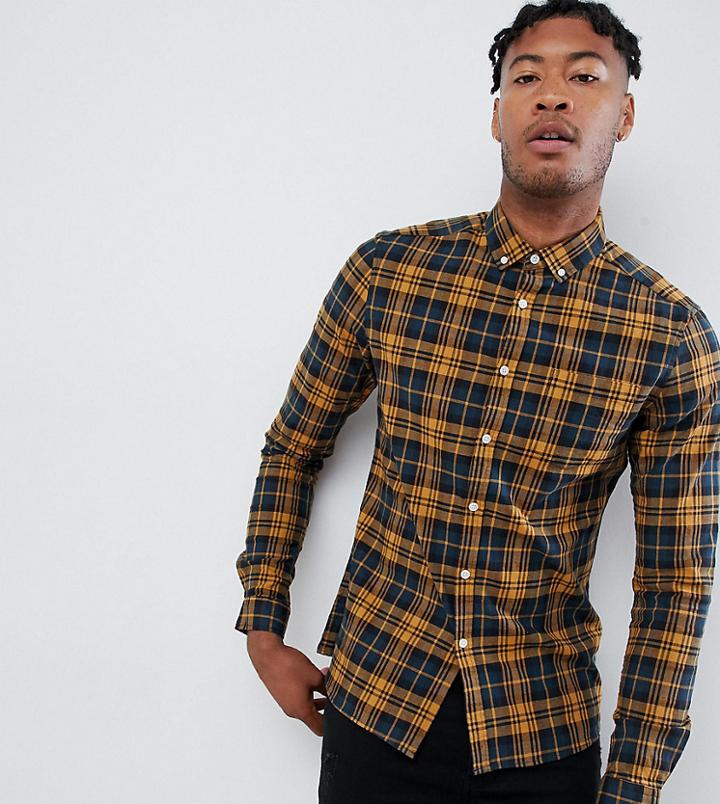 Asos Design Tall Stretch Slim Check Shirt In Navy & Mustard - Yellow