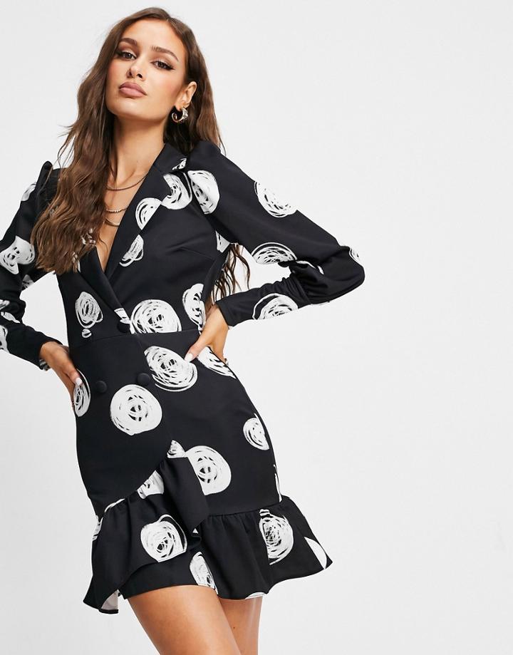 Asos Design Tux Wrap Mini Dress In Black Spot Print-multi