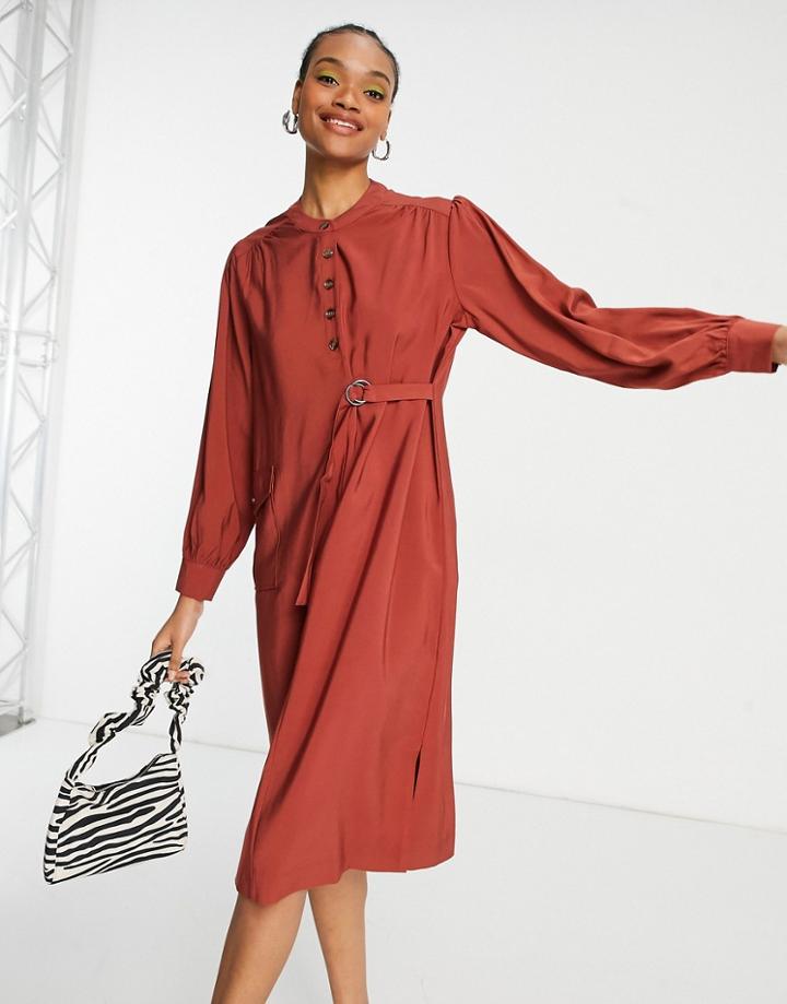 Native Youth Wrap Grandad Collar Dress In Rust-orange