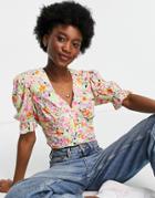 Asos Design Short Sleeved Tea Blouse In Bright Floral Print-multi