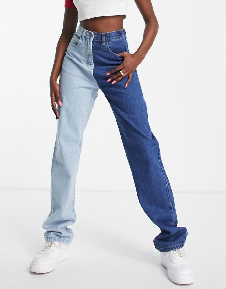 Rebellious Fashion Splice Two Tone Straight Jeans In Blue