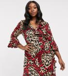 Outrageous Fortune Plus Ruffle Wrap Mini Dress With Fluted Sleeve In Multi Leopard Print