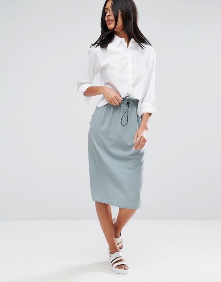 Asos Midi Skirt With Drawstring Toggle - Blue