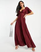 Asos Design Pleated Twist Back Cap Sleeve Maxi Dress In Red