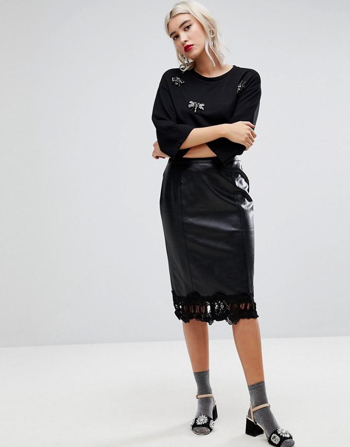 Lost Ink Pencil Skirt In Faux Leather With Lace Trim - Black
