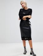 Lost Ink Pencil Skirt In Faux Leather With Lace Trim - Black