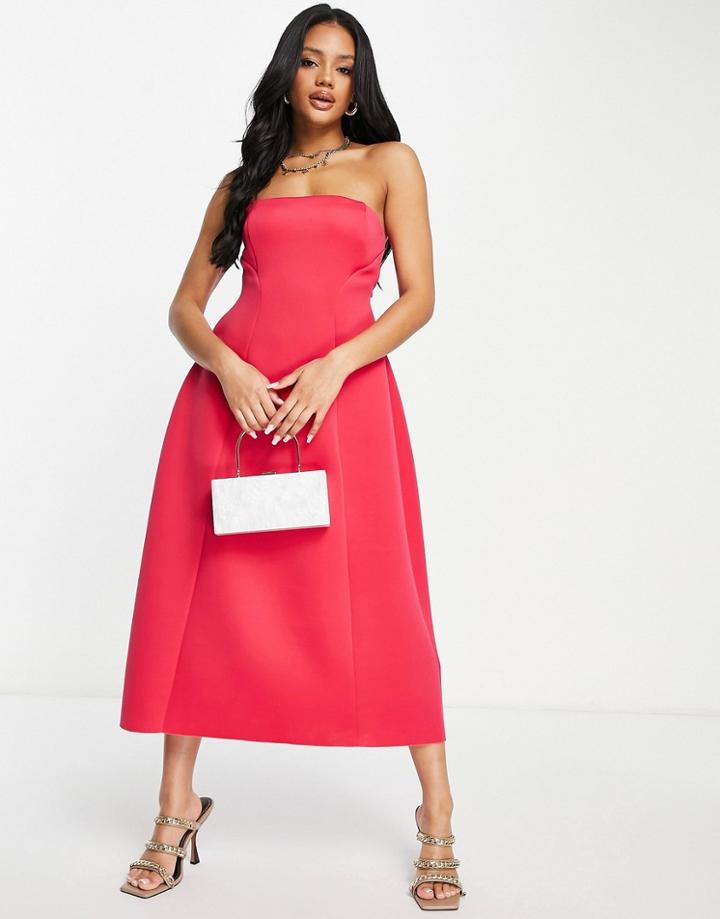 Asos Design Bandeau Open Back Midi Skater Dress In Berry-red