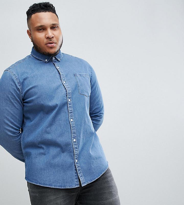 Asos Design Plus Stretch Slim Denim Shirt In Mid Wash - Blue