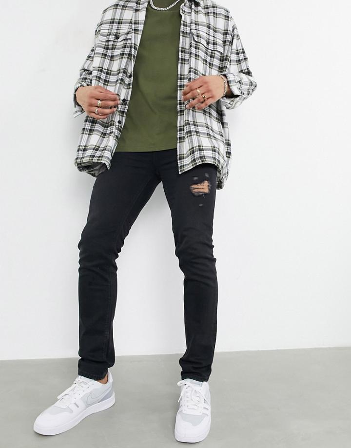 Asos Design Skinny Jeans In Washed Black With Thigh Abrasions