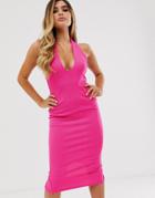 Asos Design Deep Scoop Halter Neck Midi Dress - Pink