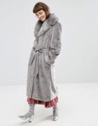 Asos Faux Fur Coat With Oversized Collar And Belt - Gray