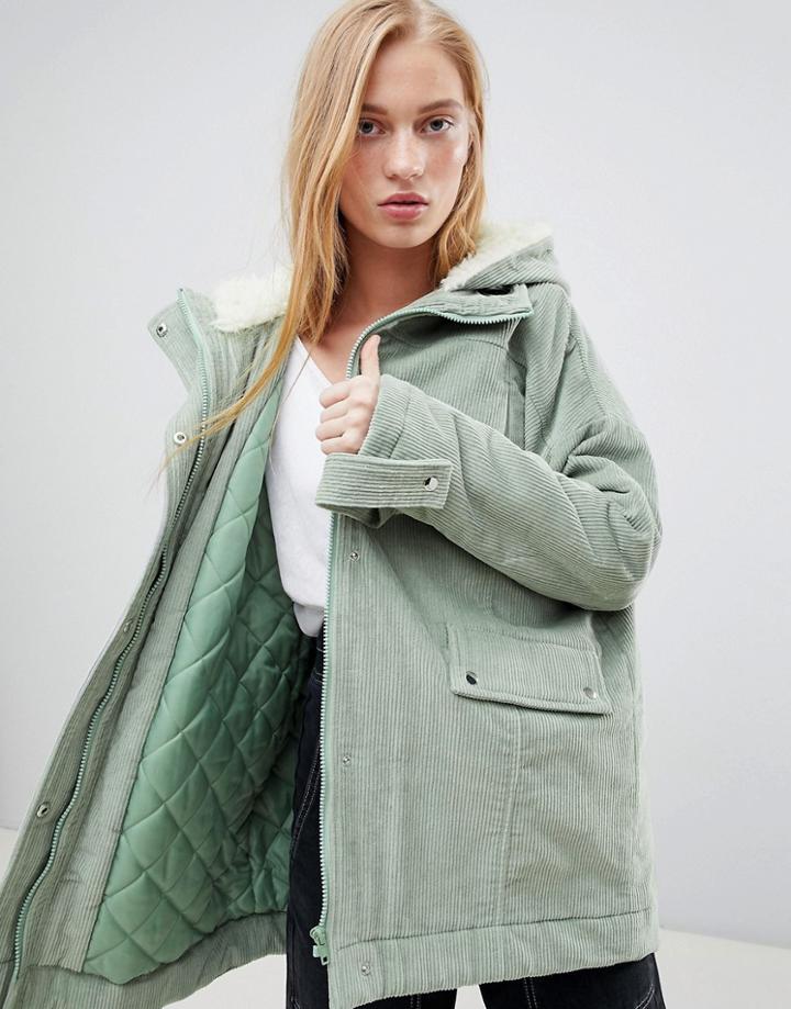 Asos Design Cord Borg Hooded Parka-green